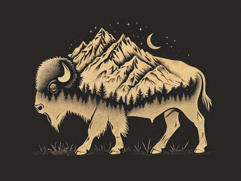 Vintage Buffalo Silhouette with Mountain Landscape Poster