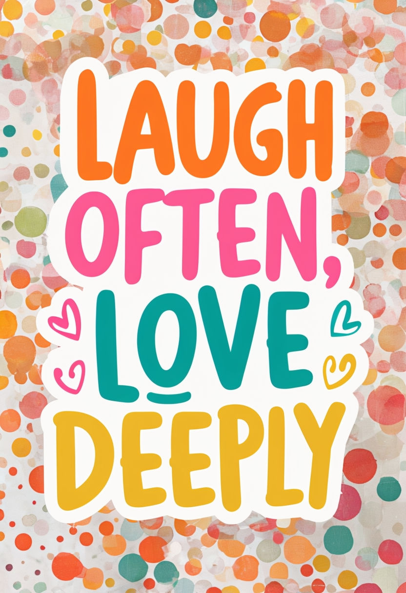 Playful 'Laugh Often, Love Deeply' Inspirational Quote Poster with Colorful Polka Dots