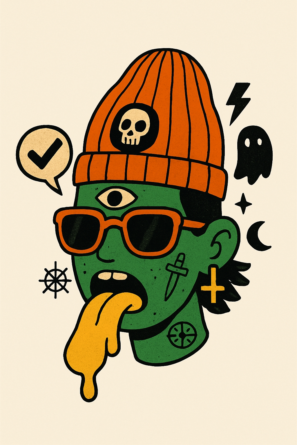 Psychedelic Green Humanoid Head Illustration T-Shirt