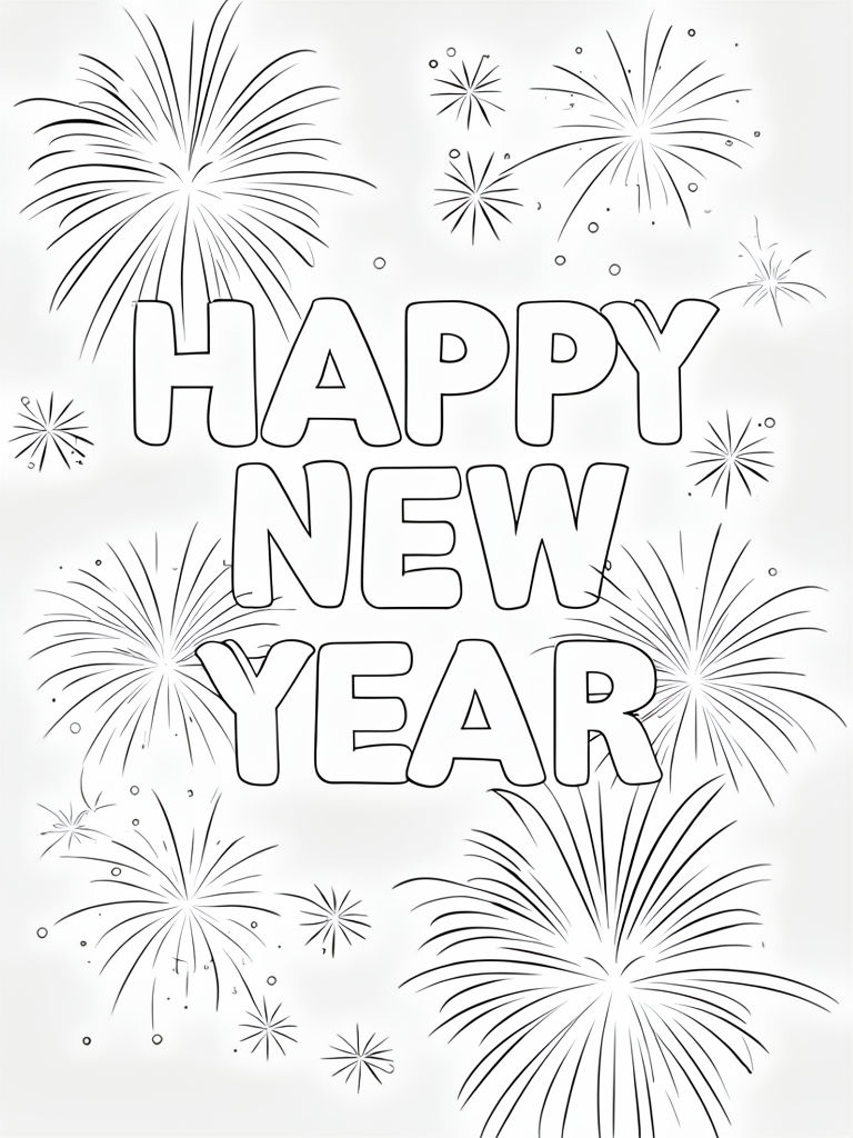 Happy New Year Bubble Letters with Fireworks Coloring Page