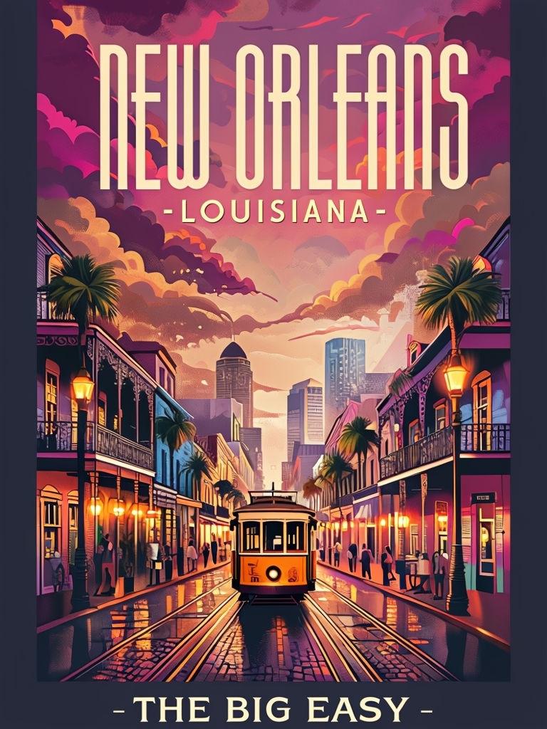 Vibrant New Orleans Evening Scene with Classic Tram Poster