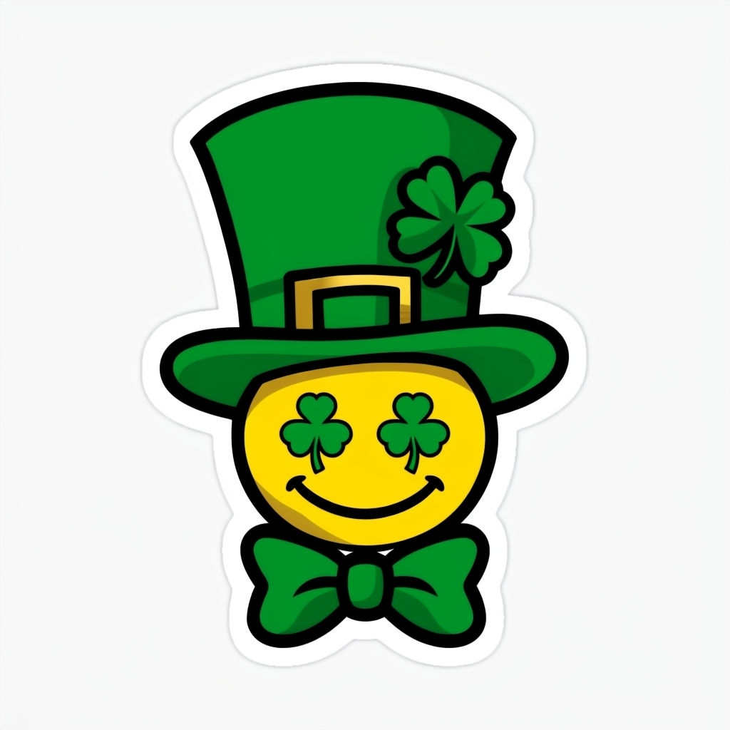 Smiling Yellow Face with Shamrock Eyes and Leprechaun Hat Sticker