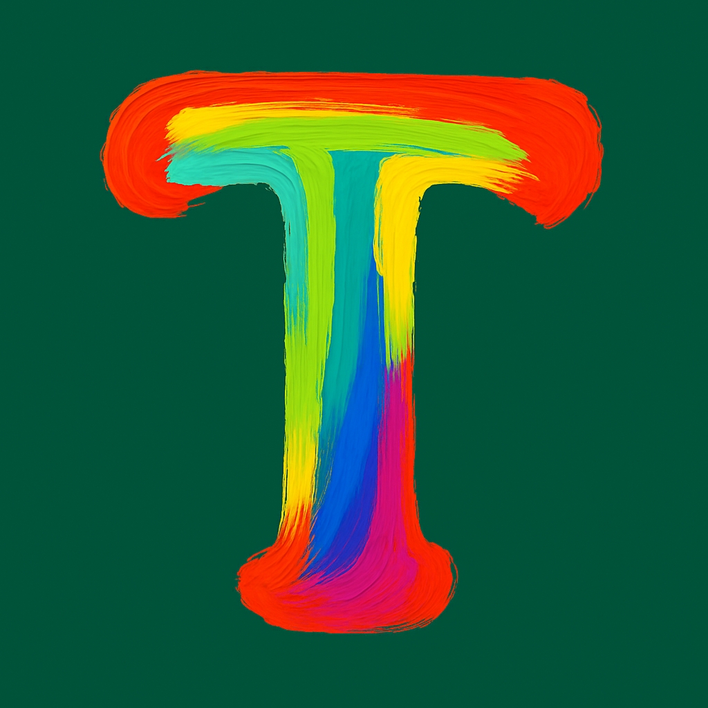 Vibrant Brush Stroke Letter T Artwork on Forest Green Background Monogram