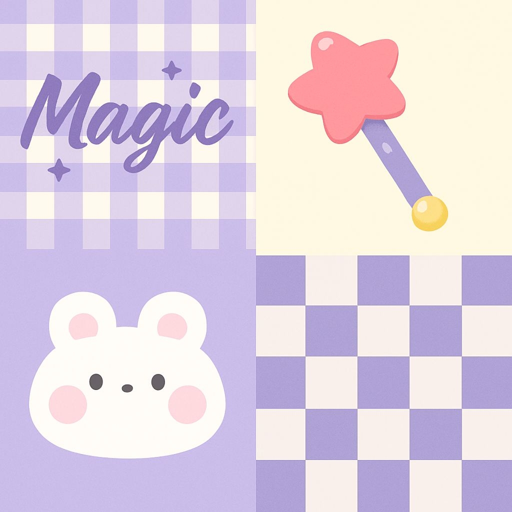 Whimsical Pastel Magic Illustration with Checkered Patterns Seamless Pattern