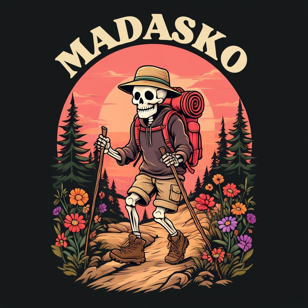 Whimsical Skeleton Hiker Adventure Illustration T-shirt