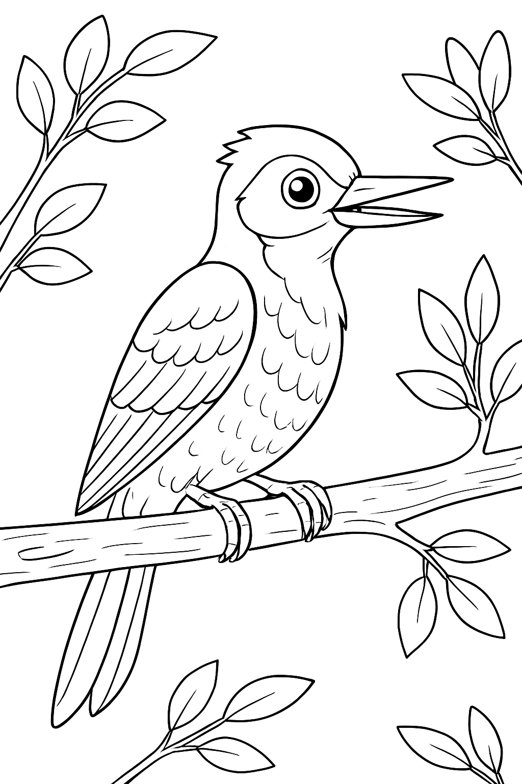 Cartoon Bird on Branch Line Drawing for Relaxing Coloring Book Pages