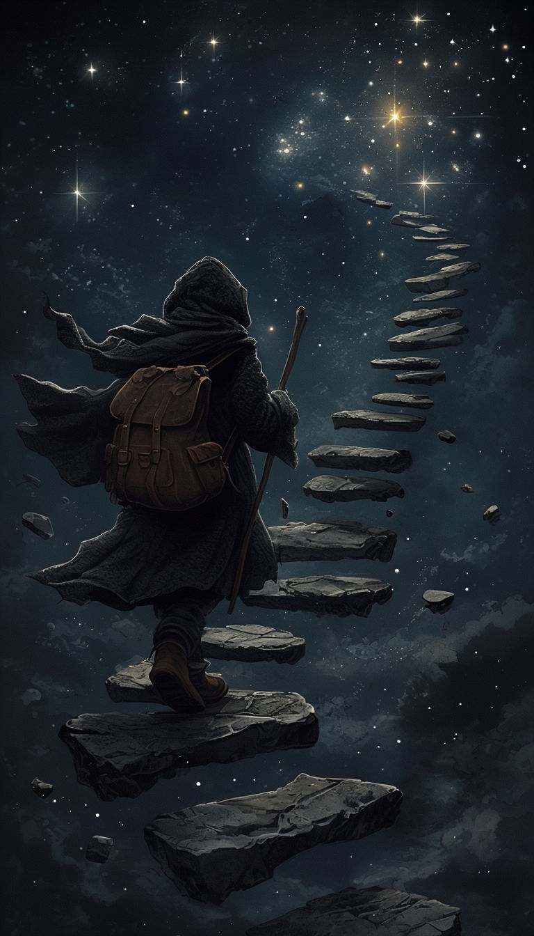 Surreal Traveler on Floating Stone Steps in Starry Night Sky Mobile Wallpaper