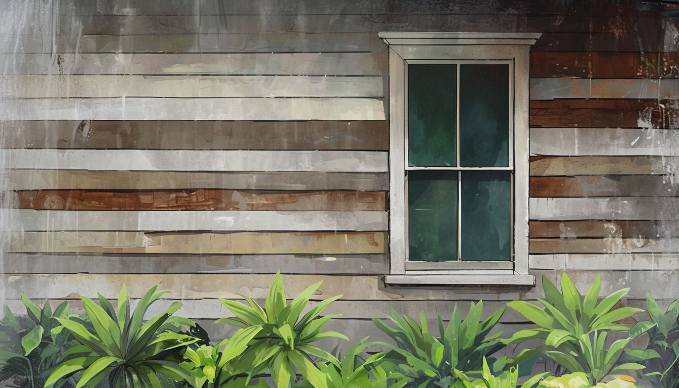 Rustic Wooden Building with Green Foliage Virtual Background