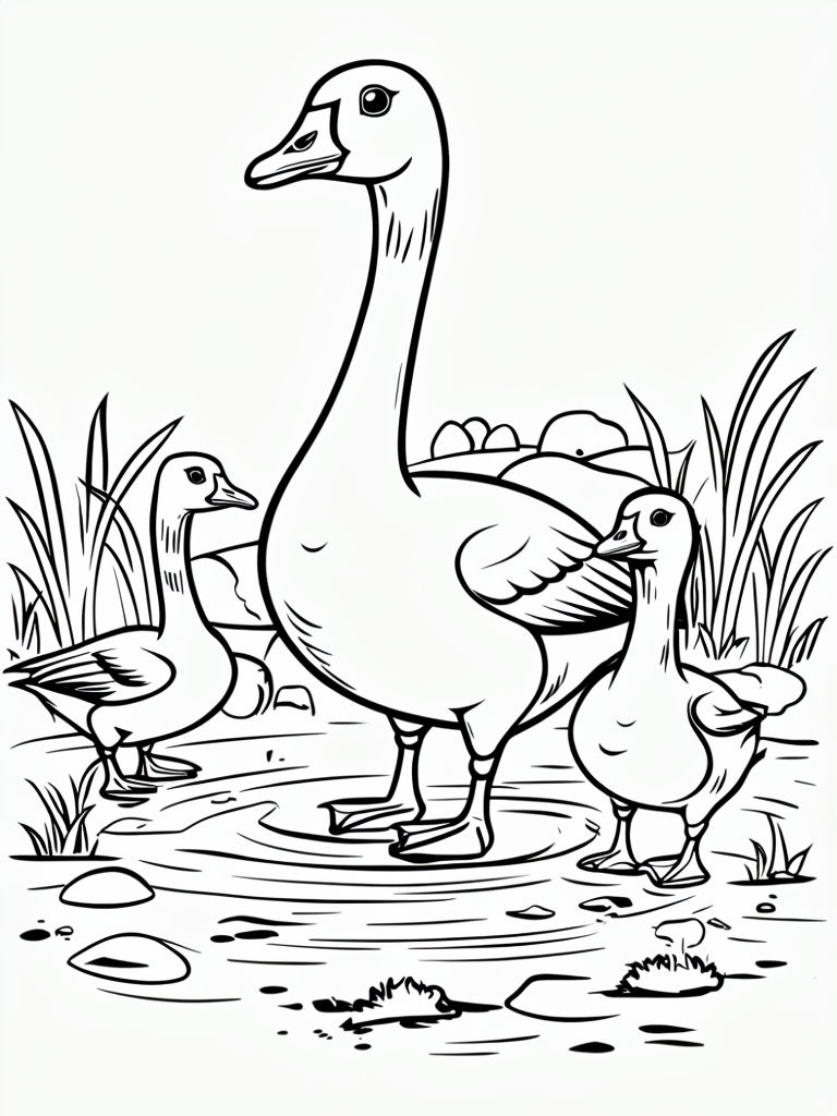 Serene Black and White Line Drawing of Geese in Nature Coloring Book Pages