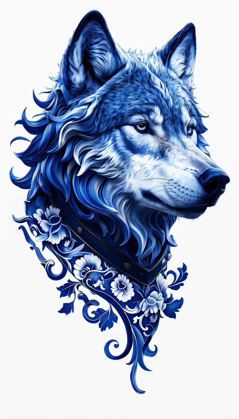 Elegant Blue Wolf Head with Floral Patterns Mobile Wallpaper