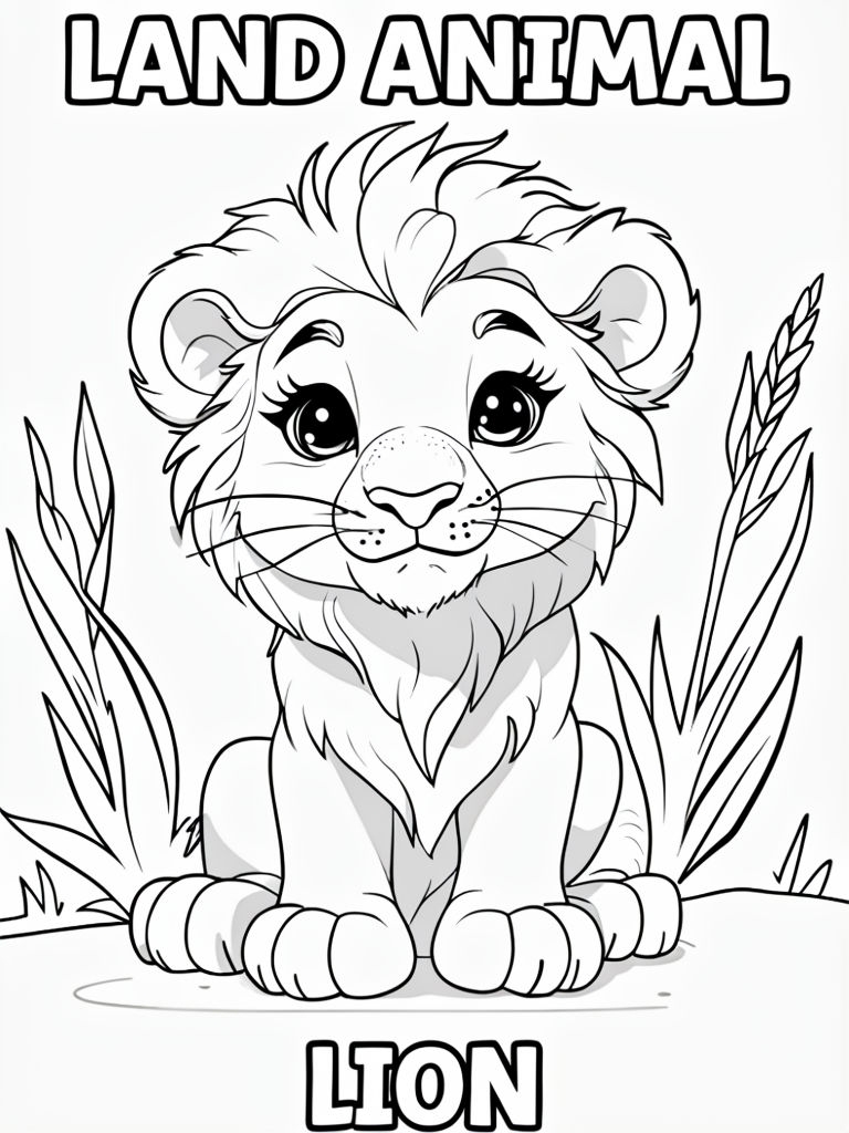 Cute Cartoon Lion Cub Line Drawing for Coloring Book Sticker