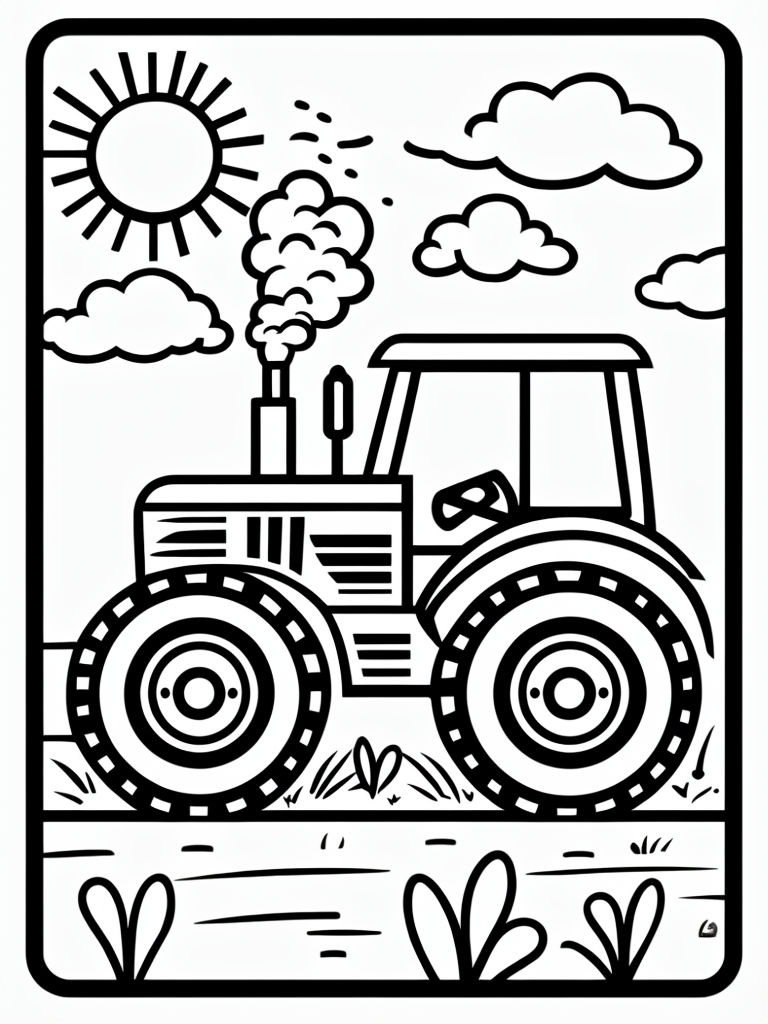 Whimsical Black and White Farm Tractor Coloring Page Design