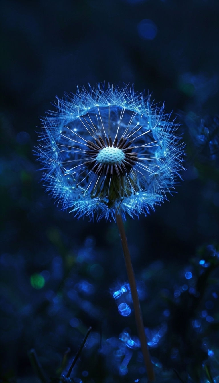 Ethereal Neon Blue Dandelion Seed Head Macro Photography Mobile Wallpaper
