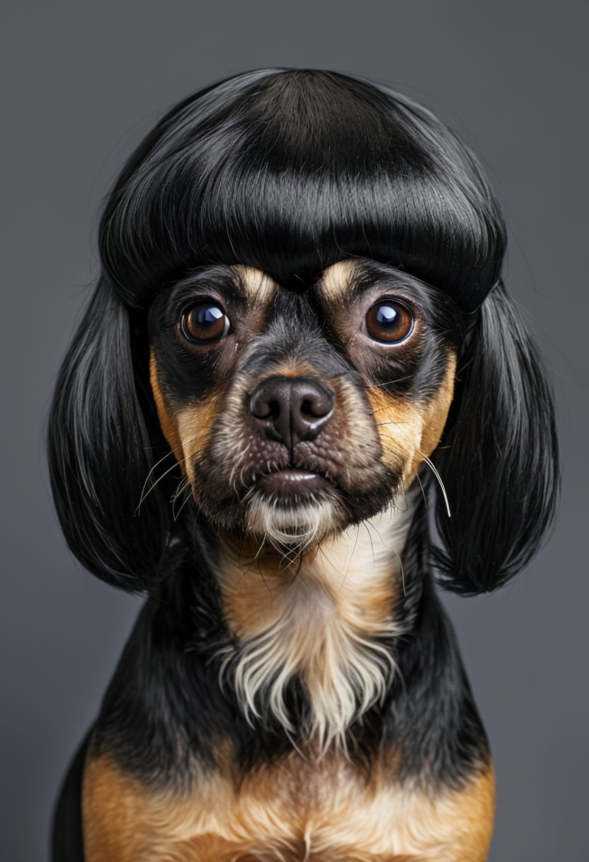 Humorous Close-Up Portrait of Dog with Fringe Wig Art
