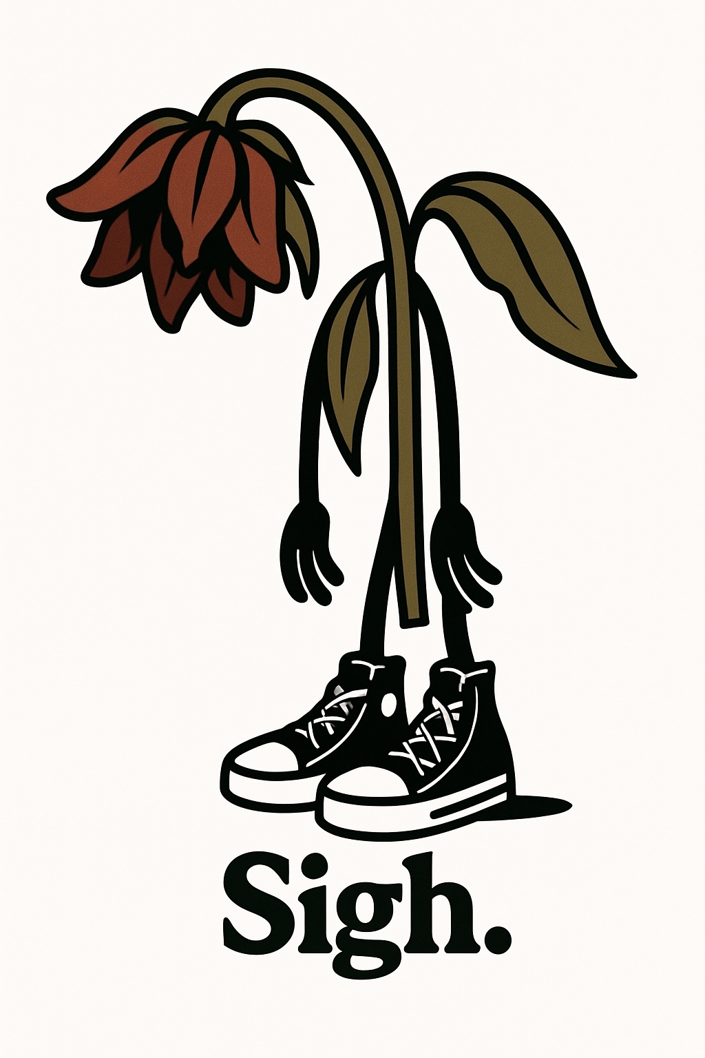Sad Anthropomorphic Flower in Sneakers Sigh Cartoon T-Shirt