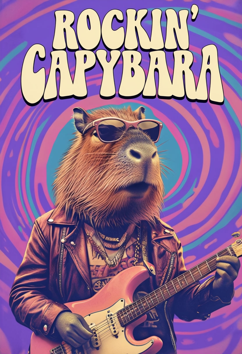 Rockin' Capybara Rockstar Retro Poster with Psychedelic Colors