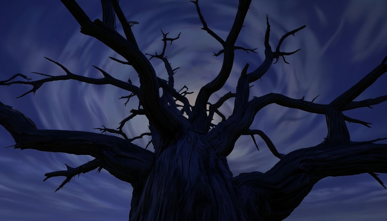 Eerie Ancient Bare Tree Under Twilight Sky Virtual Background