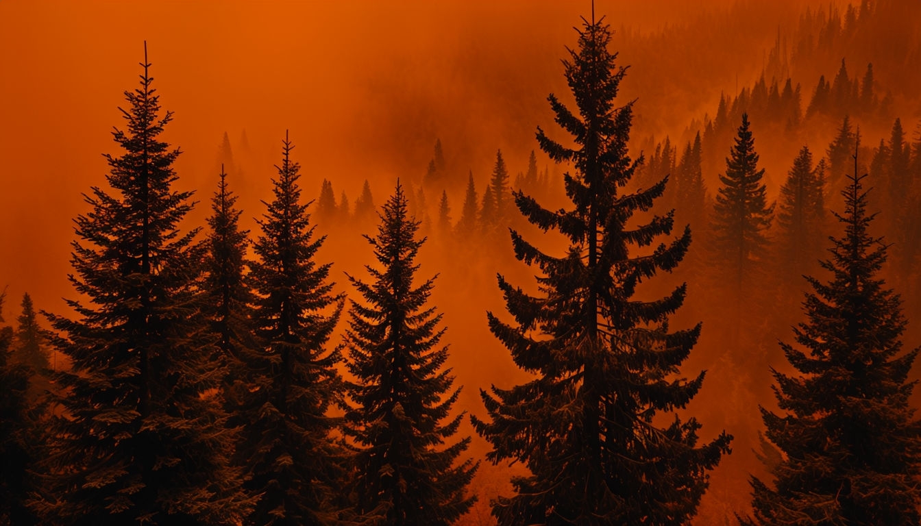 Mysterious Dense Forest Scene with Ominous Amber Glow Background