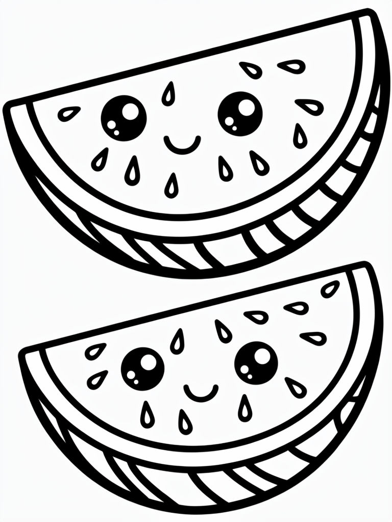 Kawaii Watermelon Slices with Cute Faces Coloring Page