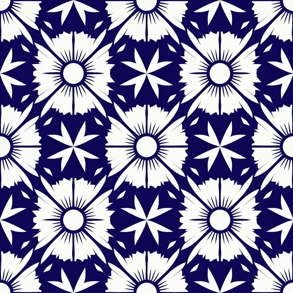 Navy Blue and White Geometric Sunburst Seamless Pattern