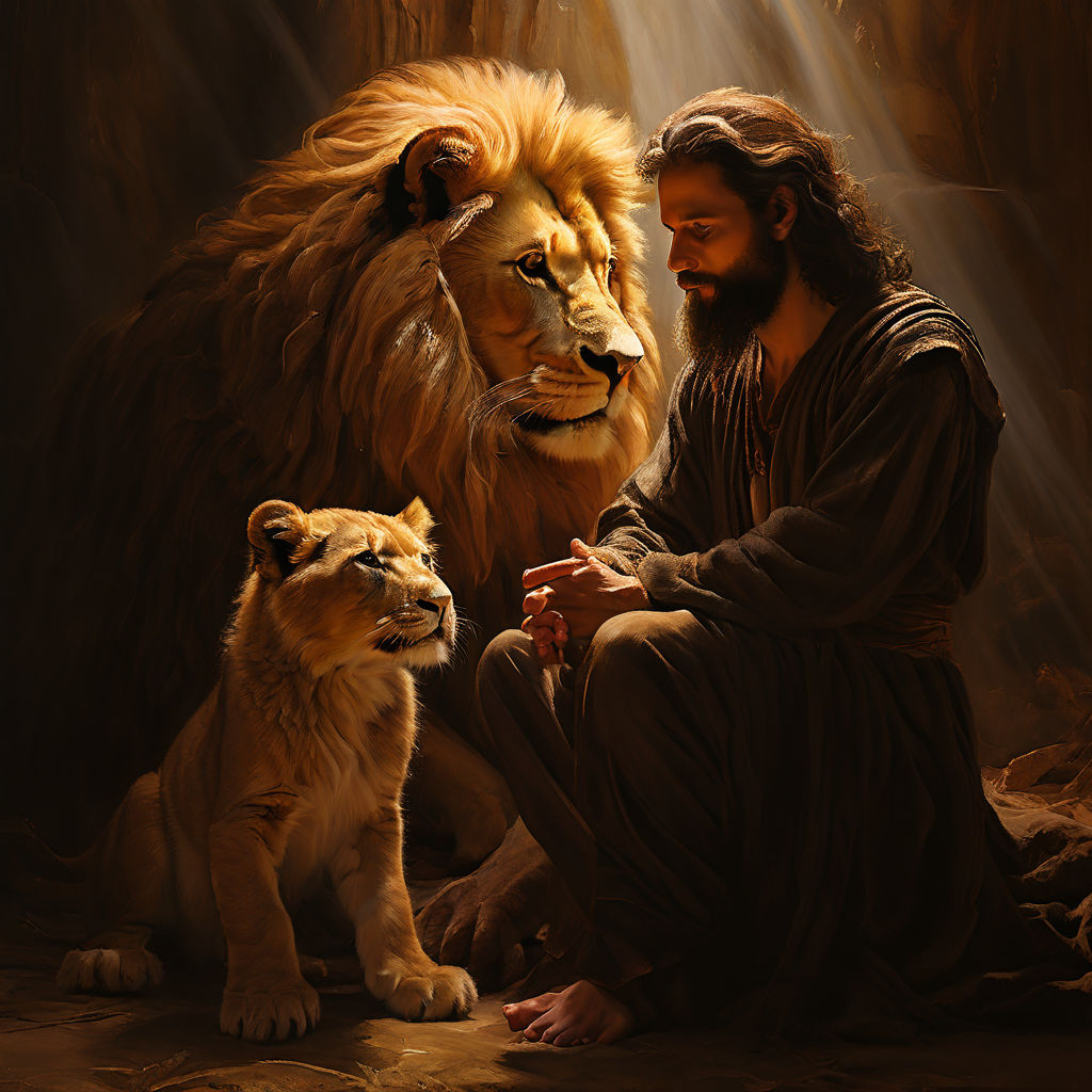 Daniel praying with an angel among the lions by Tamara Oliva - Playground