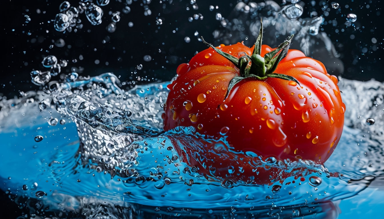 Vibrant Red Tomato Splashing in Blue Water Art Poster