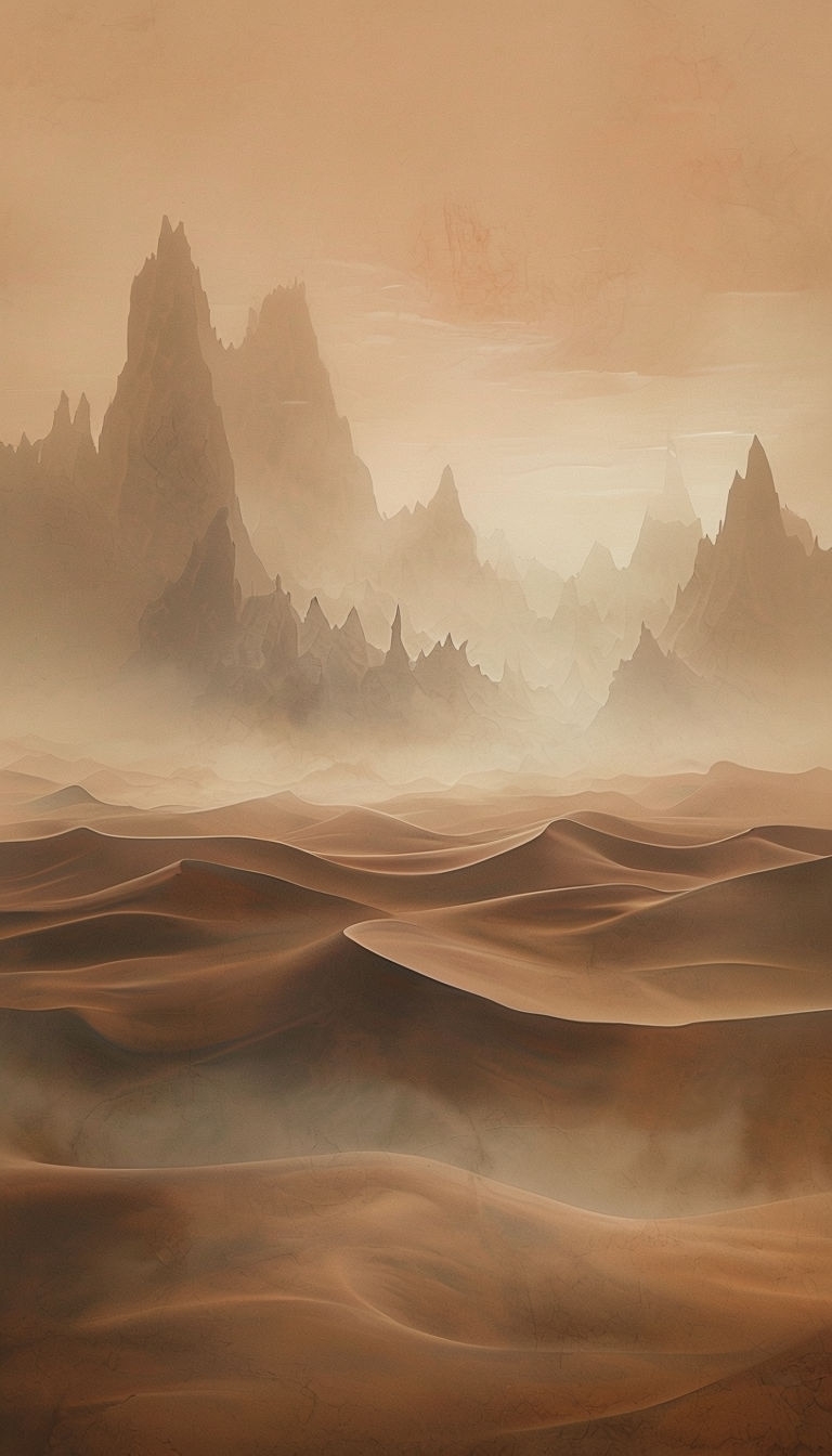 Surreal Desert Landscape with Ethereal Dunes and Mountains Mobile Wallpaper