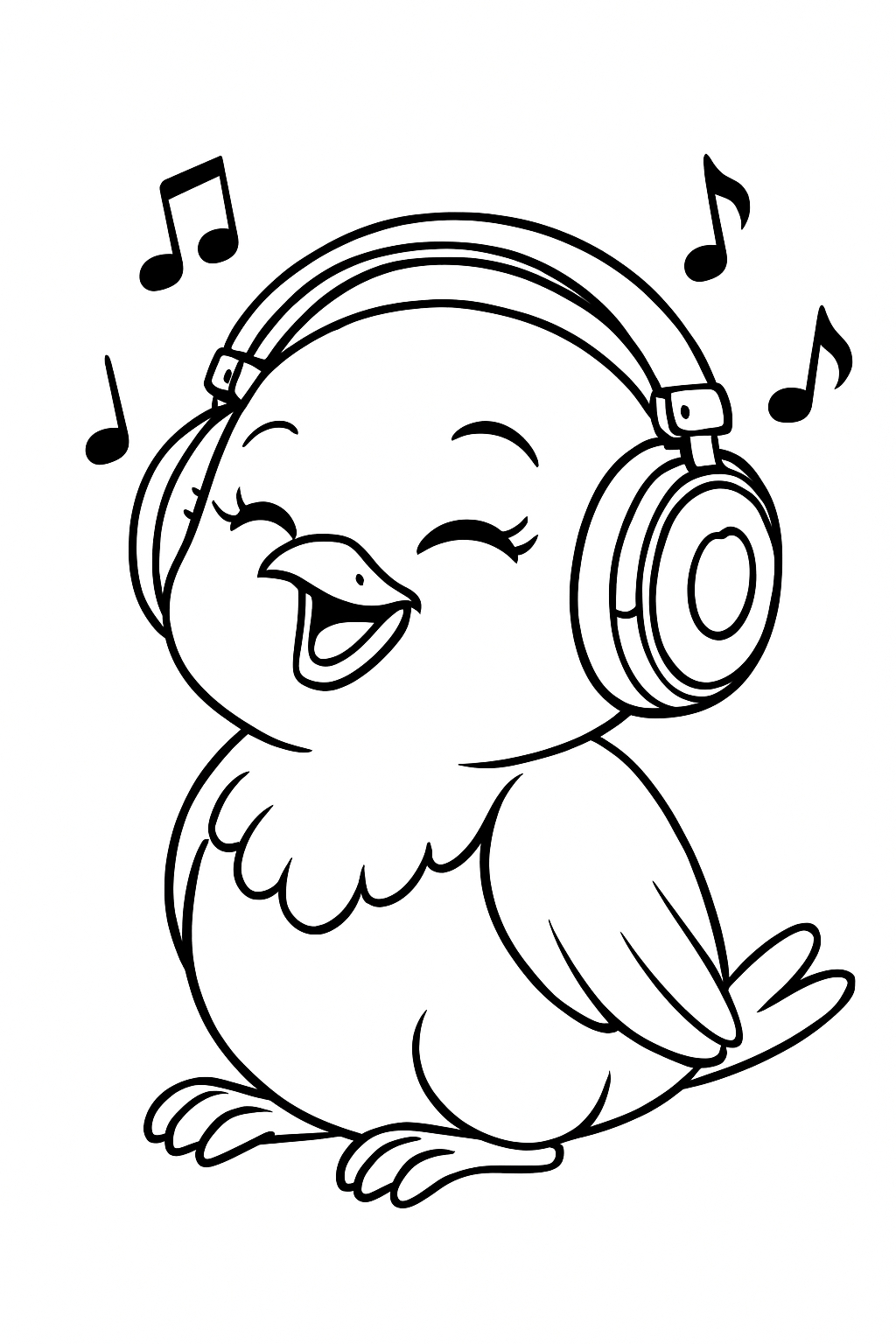 Cheerful Cartoon Bird with Headphones and Music Notes Coloring Book Pages