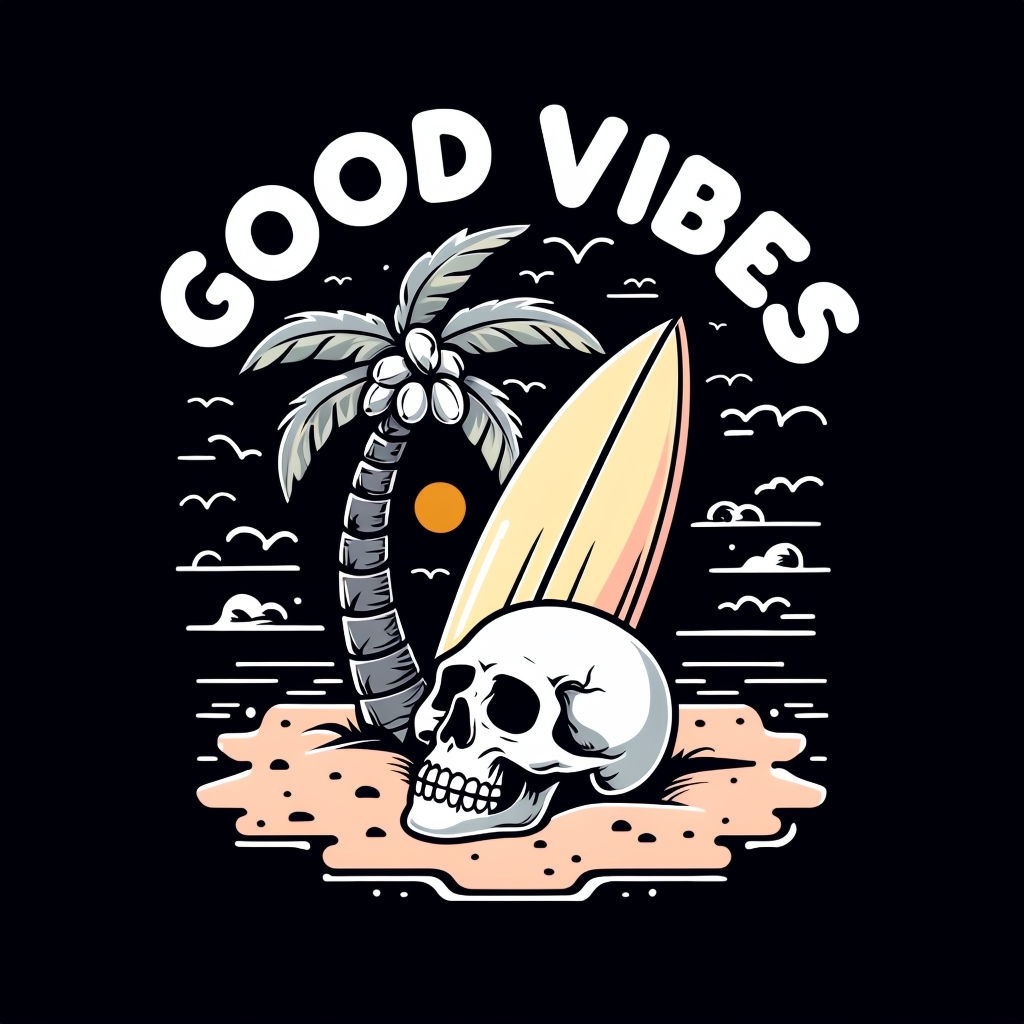 Colorful Cartoon Skull Island Scene with Good Vibes T-Shirt