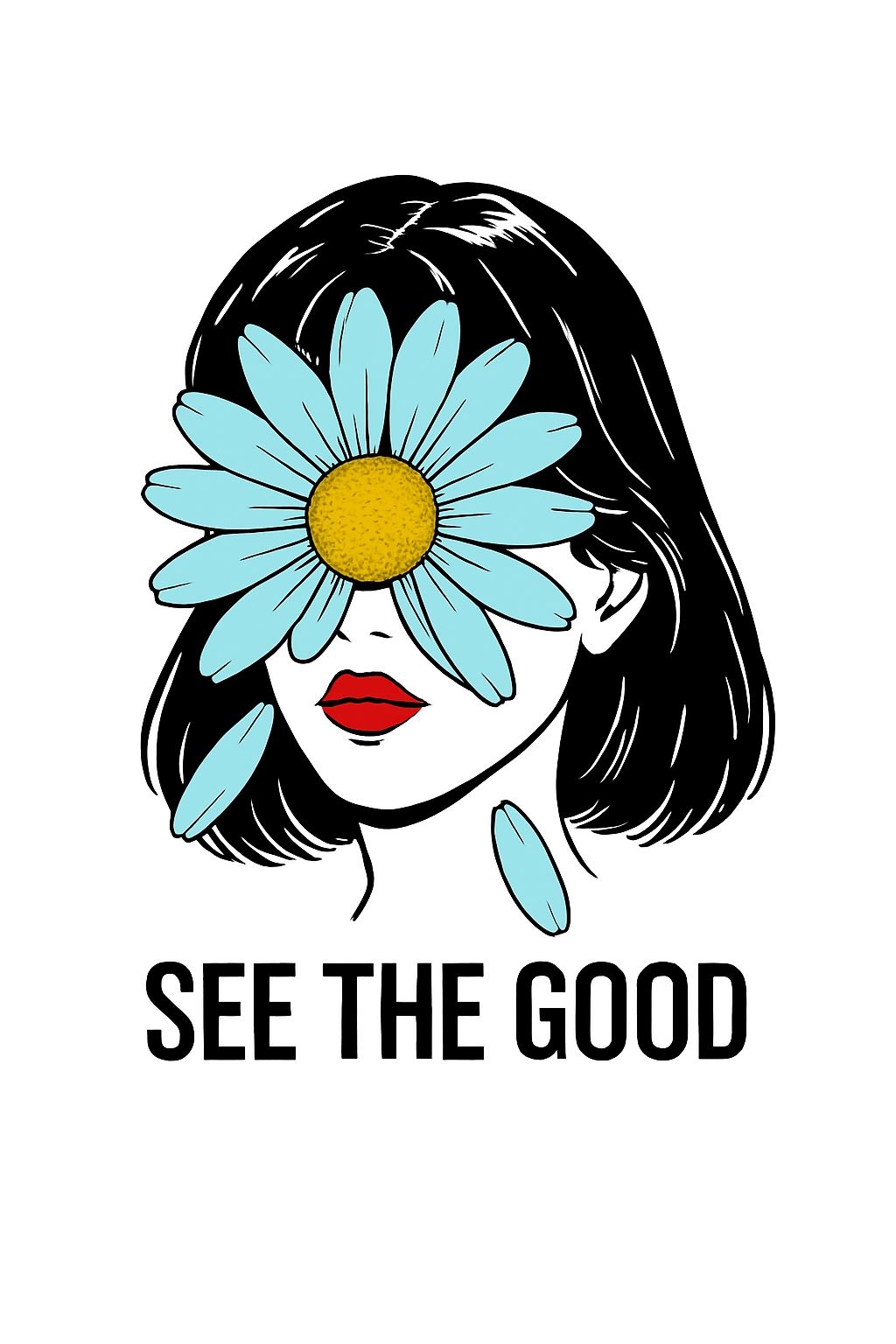 Stylish Minimalist Woman with Daisy and 'See the Good' Poster