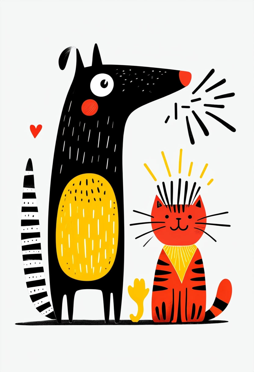 Playful Cartoon Dog and Cat Characters Illustration Art