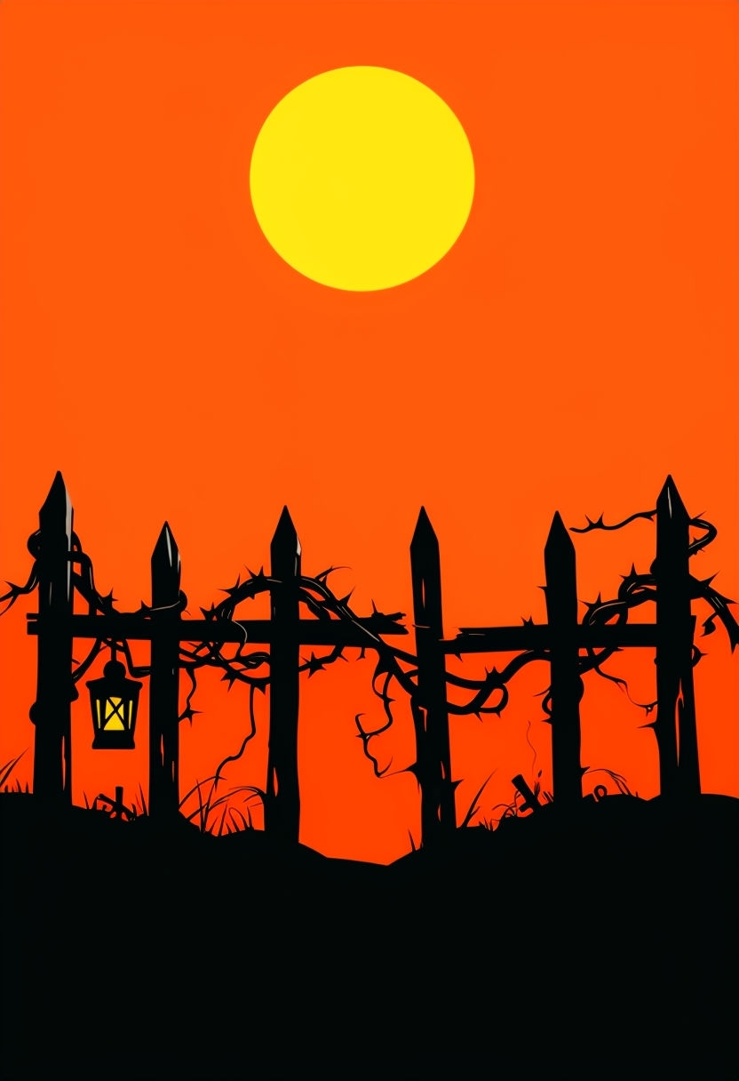 Spooky Silhouetted Fence and Lantern against Vibrant Orange Sky Art