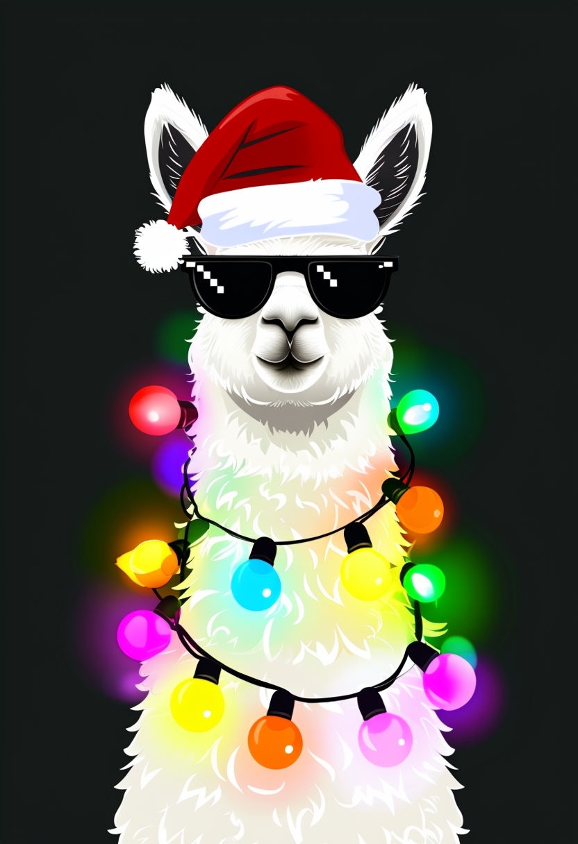 Festive Llama with Christmas Lights and Santa Hat T-shirt