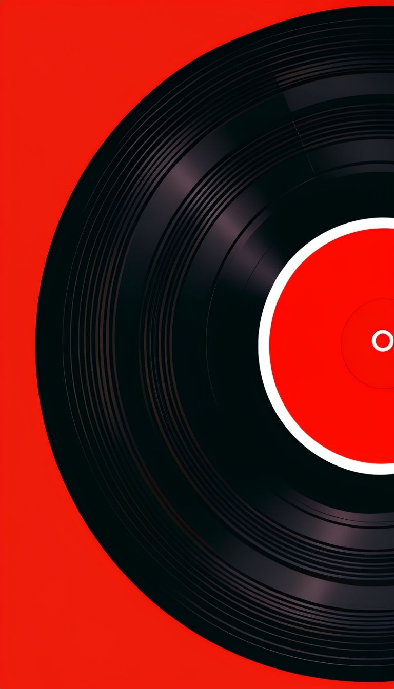 Minimalist Black Vinyl Record on Vibrant Red Background Mobile Wallpaper