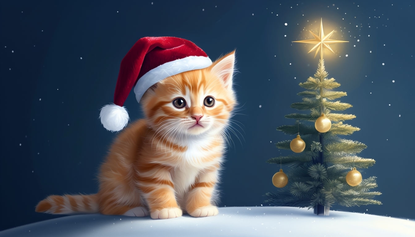 Adorable Ginger Tabby Kitten with Christmas Tree Digital Wallpaper