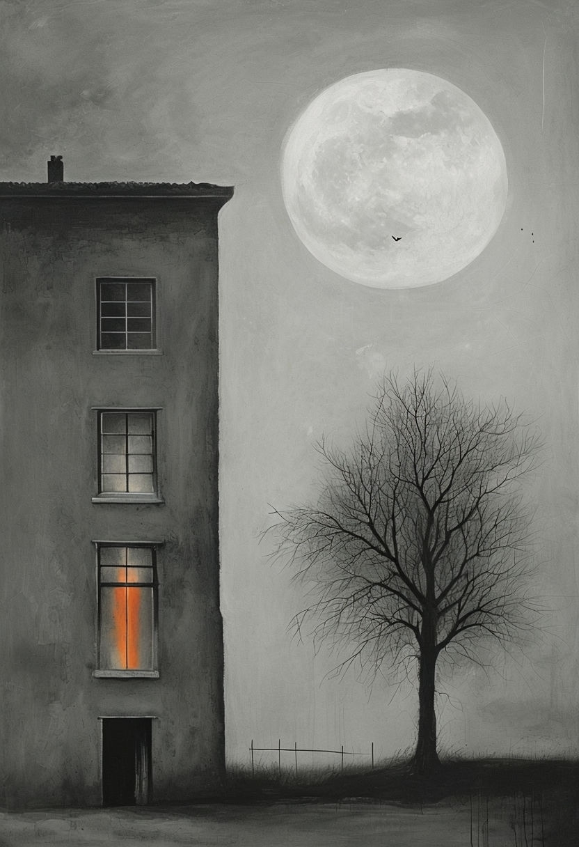 Eerie Nighttime Surrealistic Building with Moonlight Art