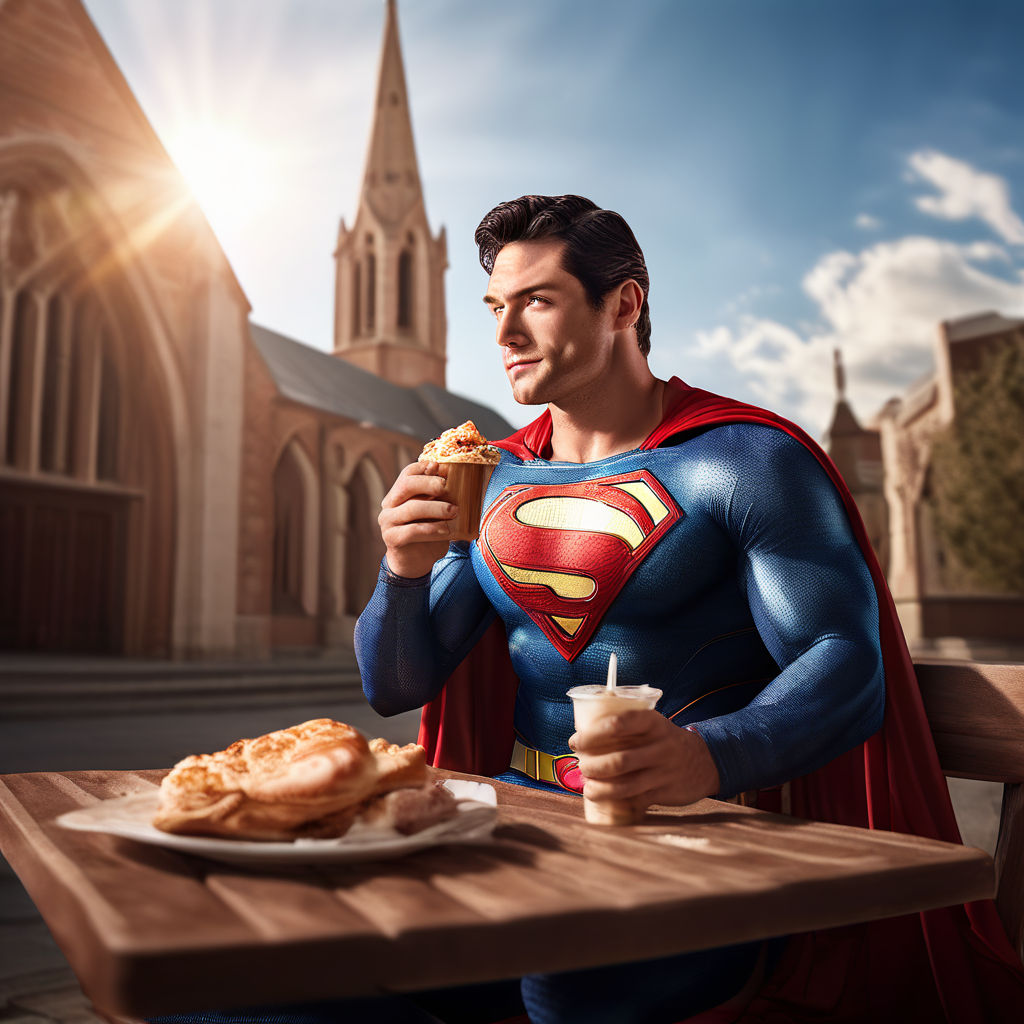 Generate an image of Superman eating a pastry and drinking s... by ...