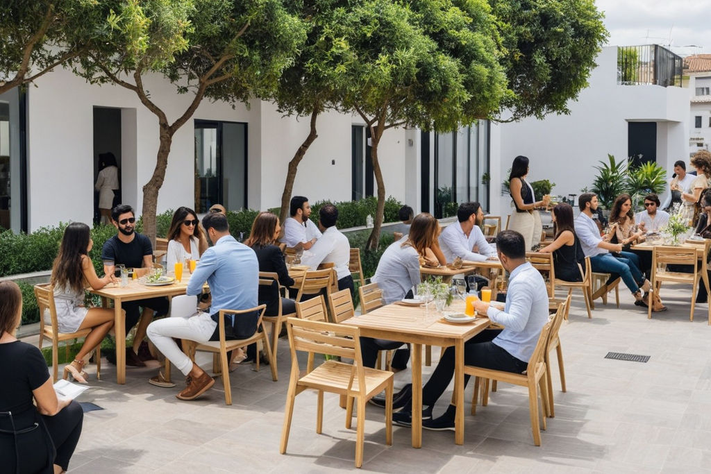 Representa a un grupo de personas en un evento social. El ambiente es una terraza al aire libre en un día soleado, con decoración casual.