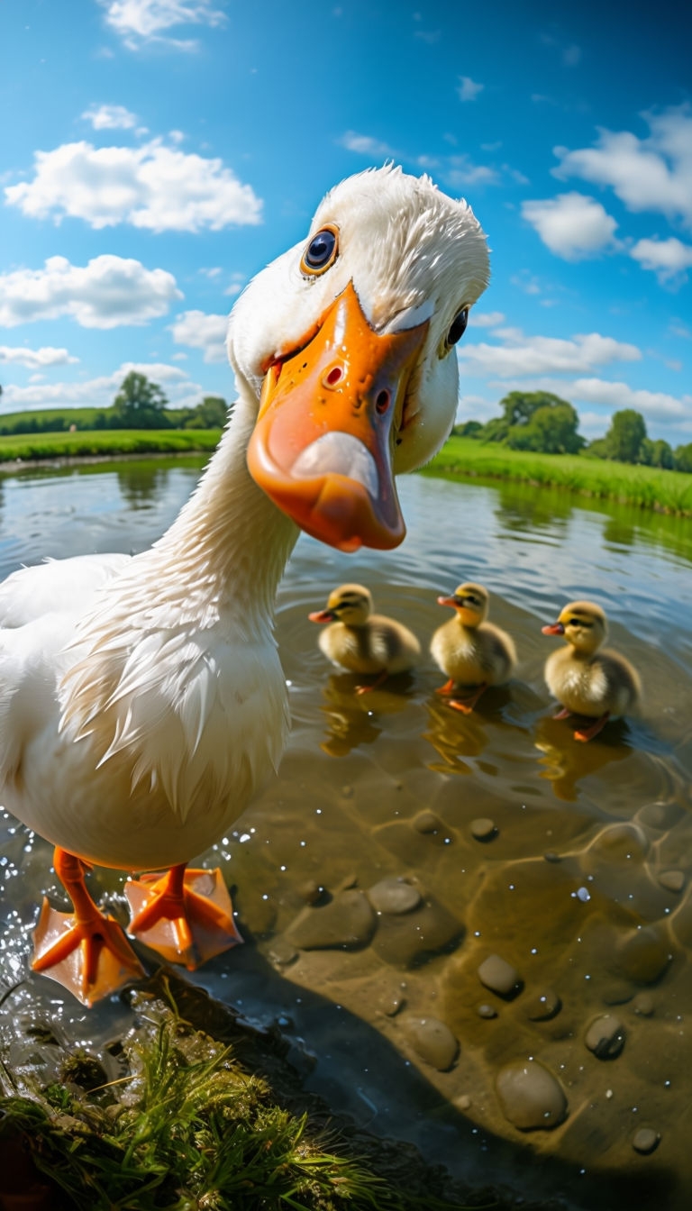 Vibrant Close-Up of Playful White Duck and Baby Ducks Nature Photograph