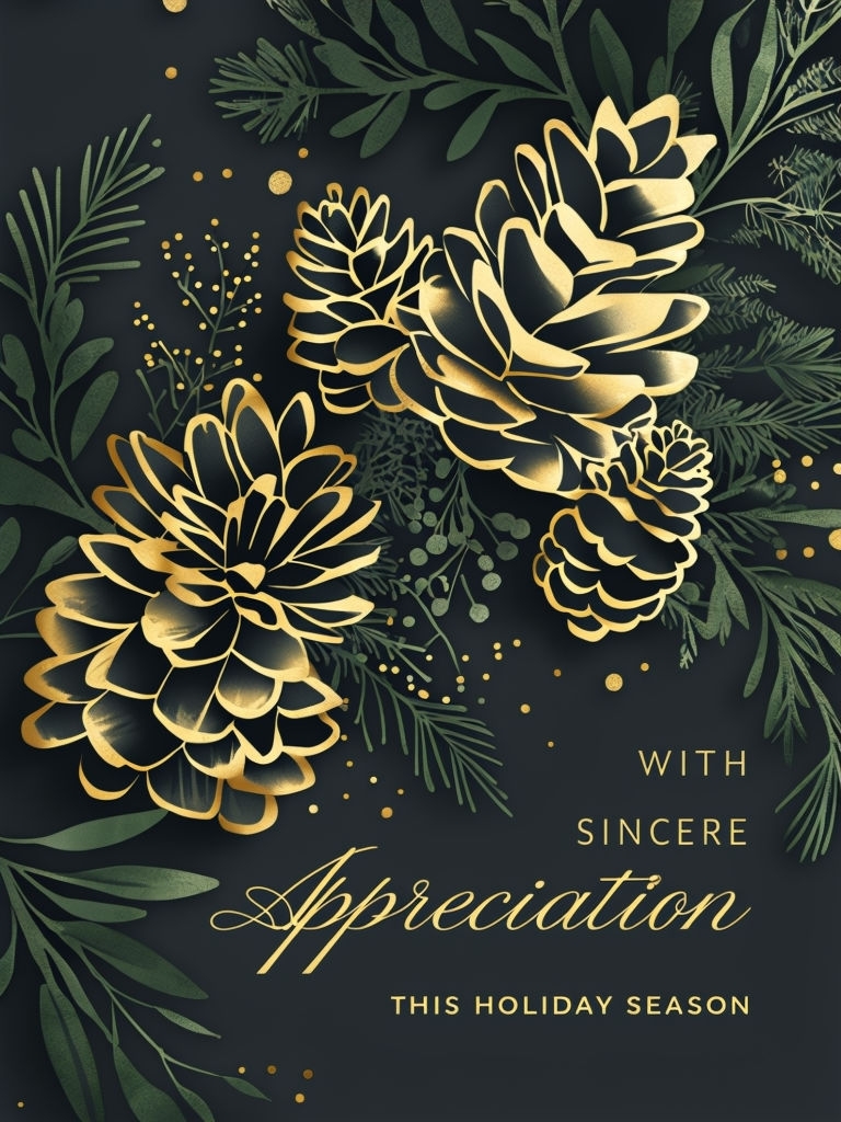 Elegant Holiday Card with Gold Pine Cones and Botanical Design