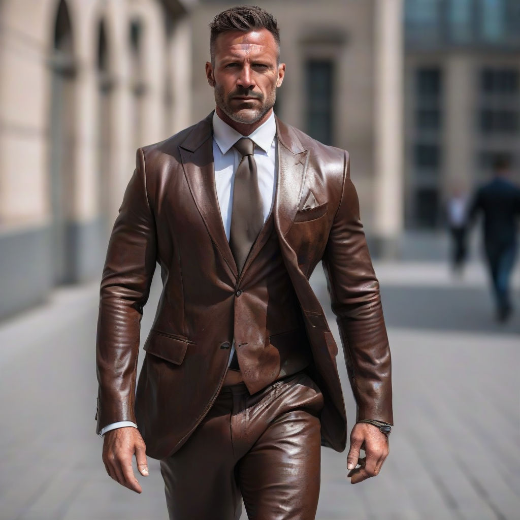 a very handsome attractive extremely muscular hyper masculine gigachad  bodybuilder porn star model in his late 30s wearing an armani leather  business suit posing with his 20 years old toy boy at