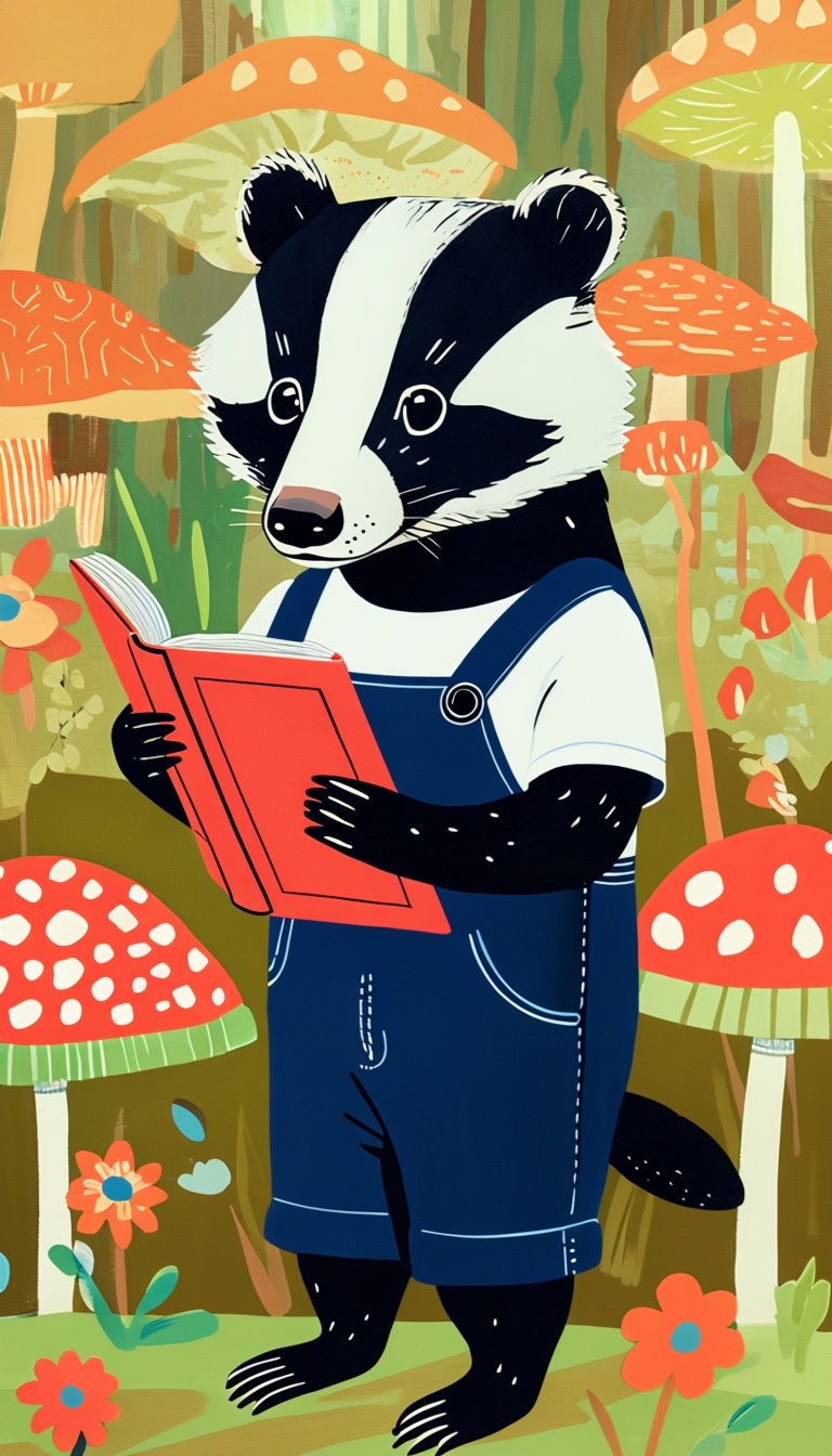 Quirky 1950s Style Badger Reading a Book Illustration Art