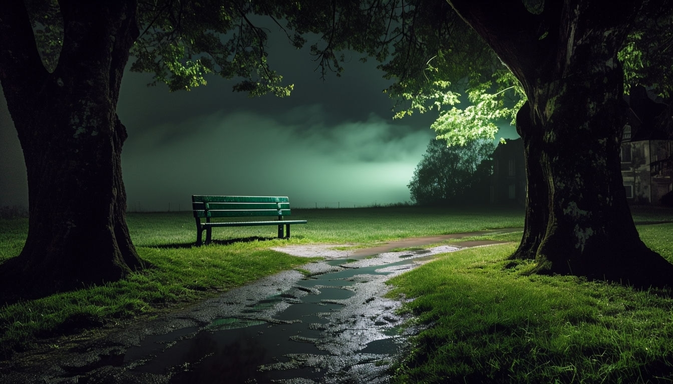 Mysterious Nighttime Landscape with Green Bench Background