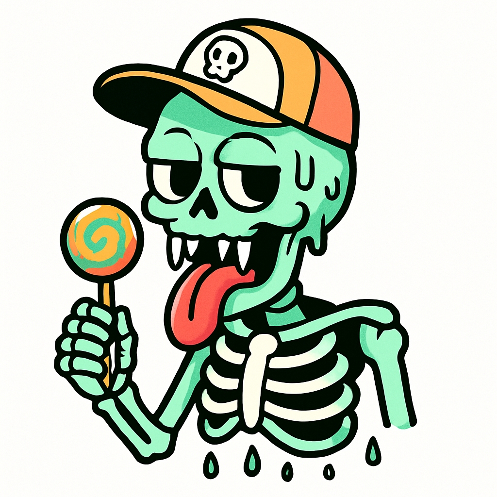 Playful Cartoon Skeleton with Lollipop Illustration Sticker