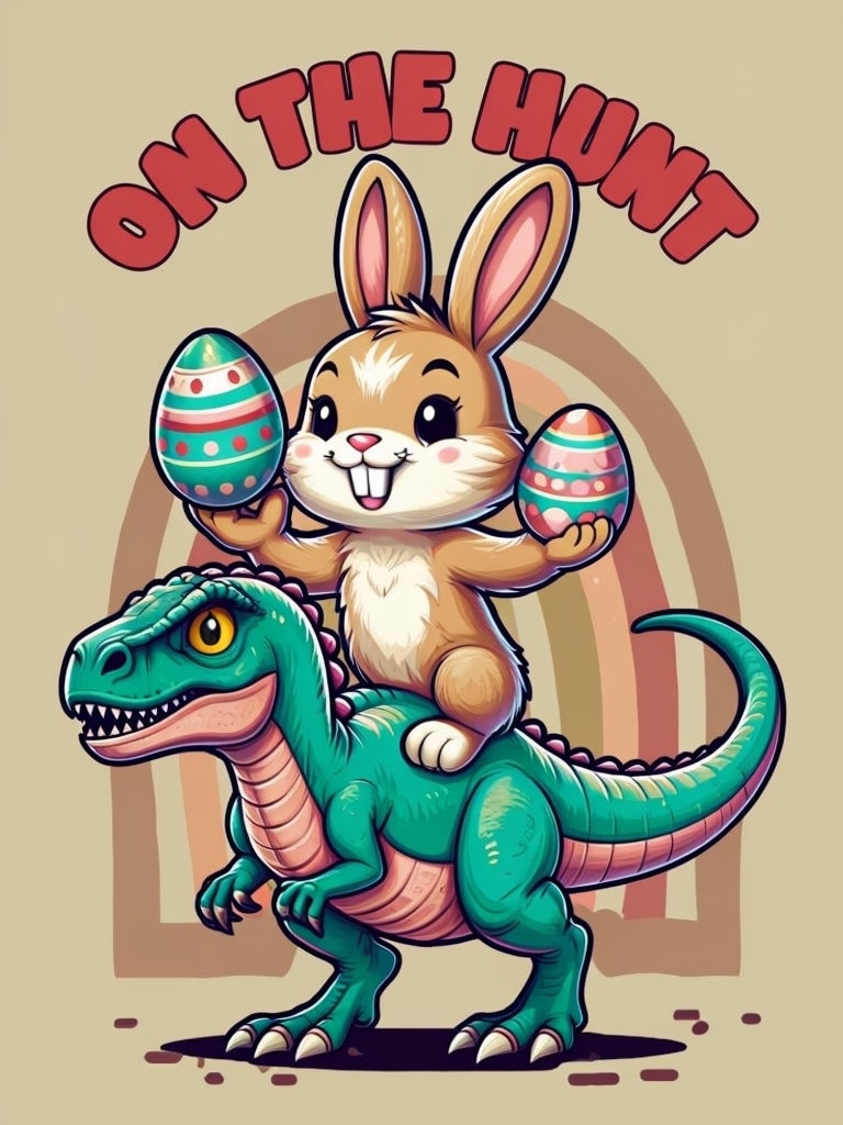 Playful Bunny Riding on Dinosaur with Easter Egg T-Shirt