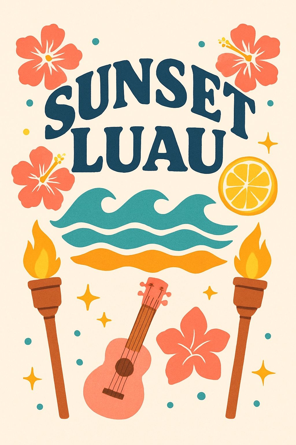 Vibrant Sunset Luau Hawaiian Culture Illustration Card Design