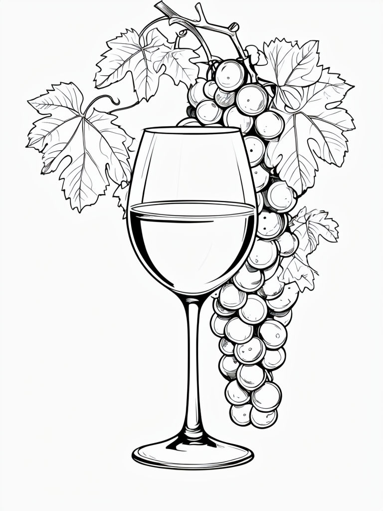 Elegant Wine Glass and Grapes Line Art Coloring Page