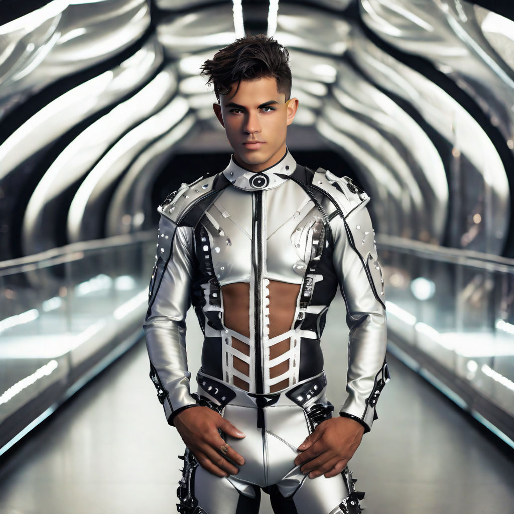 wearing futuristic outfit. model 2: skinny young male