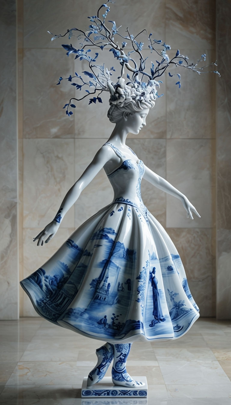 Elegant Blue Porcelain Ballet Sculpture Art