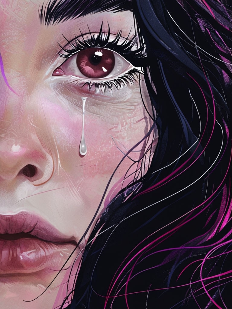 Emotional Close-Up of a Face with Reflective Tears Digital Art